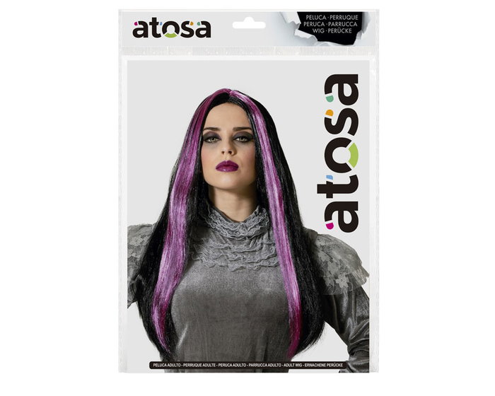 Peluca Larga Vampiresa Fucsia con Mechas Negras 60cm Peluca Larga Vampiresa Fucsia con Mechas Negras 60cm