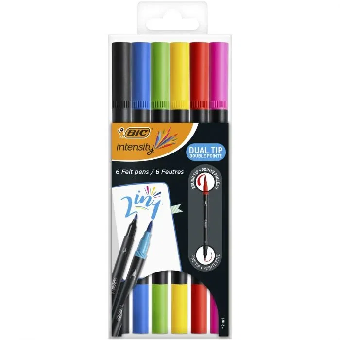 Bic Intensity Dual Tip Pack de 6 Rotuladores Doble Punta, Punta Pincel + Fina 0.7mm, Tinta Base de Agua - Negro, Azul, Verde, Púrpura, Rojo, Amarillo Bic Intensity Dual Tip Pack de 6 Rotuladores Doble Punta, Punta Pincel + Fina 0.7mm, Tinta Base de Agua - Negro, Azul, Verde, Púrpura, Rojo, Amarillo