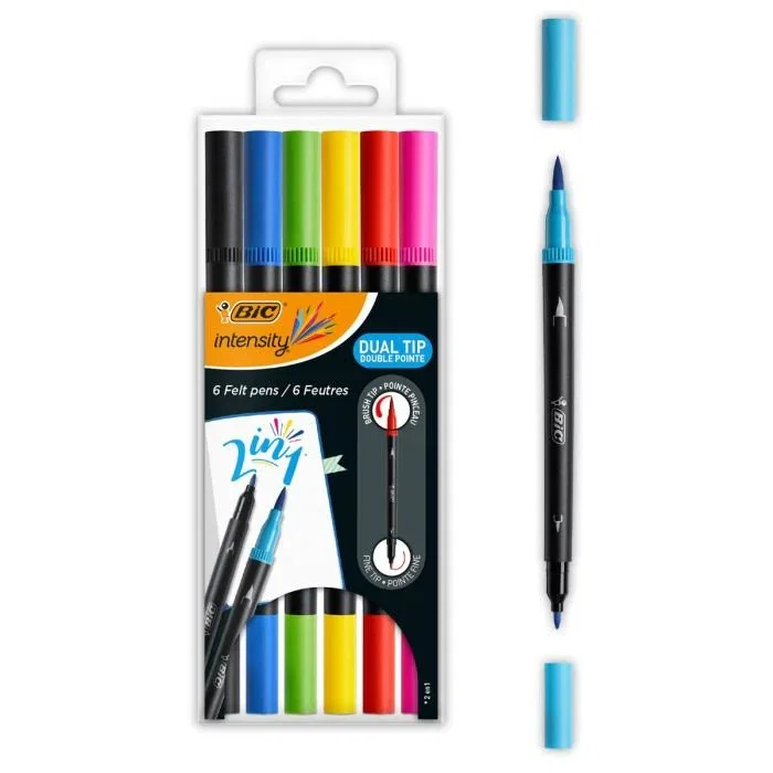 Bic Intensity Dual Tip Pack de 6 Rotuladores Doble Punta, Punta Pincel + Fina 0.7mm, Tinta Base de Agua - Negro, Azul, Verde, Púrpura, Rojo, Amarillo Bic Intensity Dual Tip Pack de 6 Rotuladores Doble Punta, Punta Pincel + Fina 0.7mm, Tinta Base de Agua - Negro, Azul, Verde, Púrpura, Rojo, Amarillo