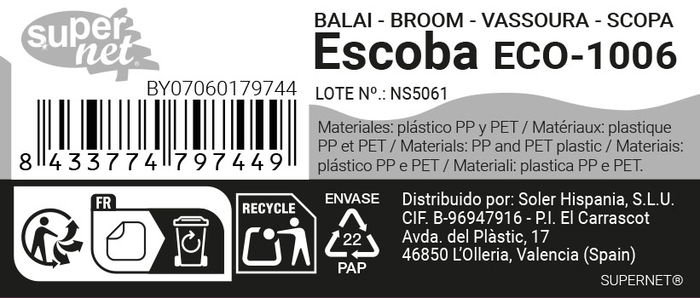 Inde Escoba Eco-1006 Supernet, Dimensiones 38.7 x 9.2 x 10.5 cm, Peso 8.66 kg (24 Unidades)