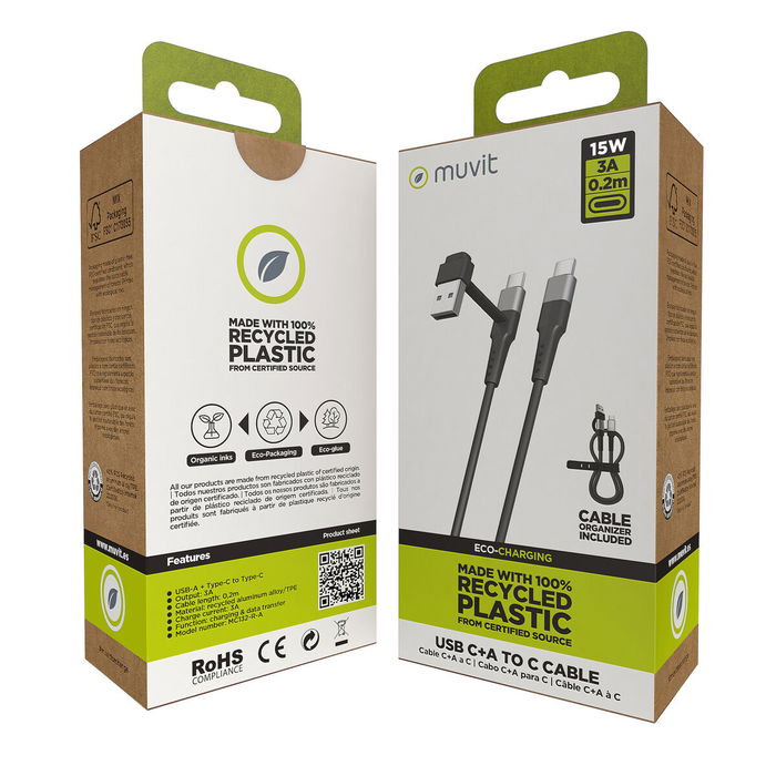 muvit for change cable Tipo C + Tipo A a Tipo C 3A 15w 0,2m negro muvit for change cable Tipo C + Tipo A a Tipo C 3A 15w 0,2m negro