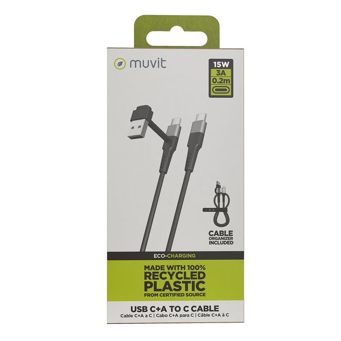 muvit for change cable Tipo C + Tipo A a Tipo C 3A 15w 0,2m negro muvit for change cable Tipo C + Tipo A a Tipo C 3A 15w 0,2m negro