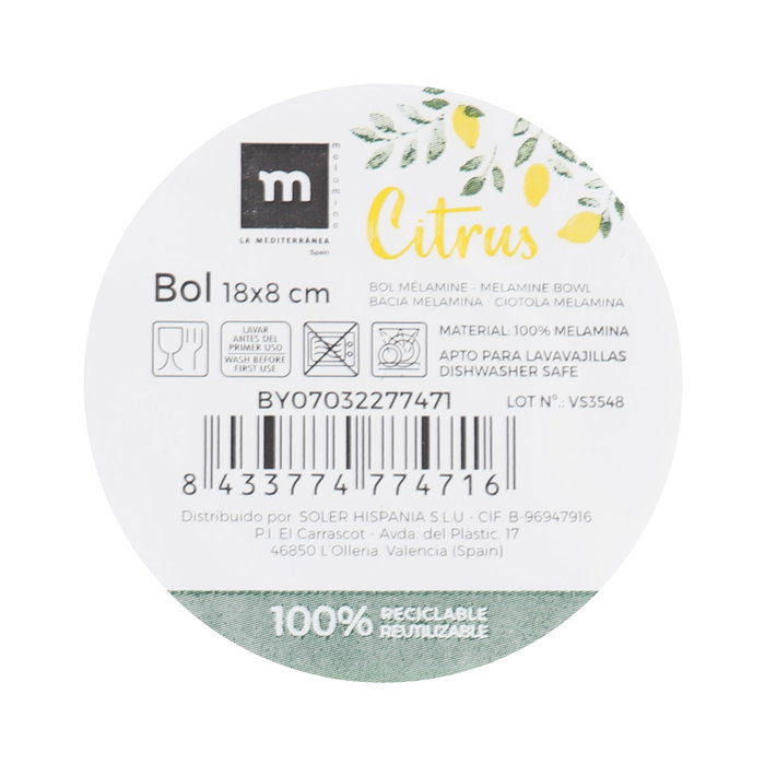 La Mediterranea Bol Melamina Mate Citrus 18 cm x 8 cm (24 Unidades) La Mediterranea Bol Melamina Mate Citrus 18 cm x 8 cm (24 Unidades)