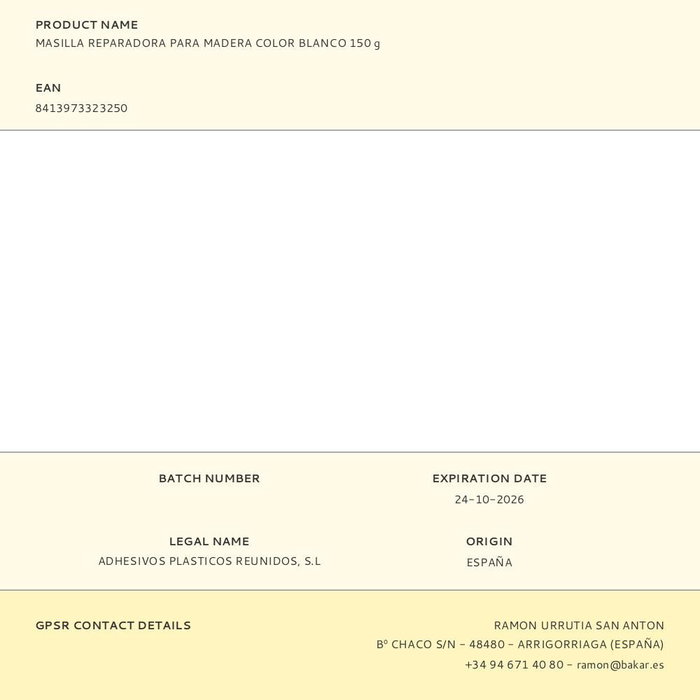 Bakar Masilla reparadora para madera color blanco 150 gr