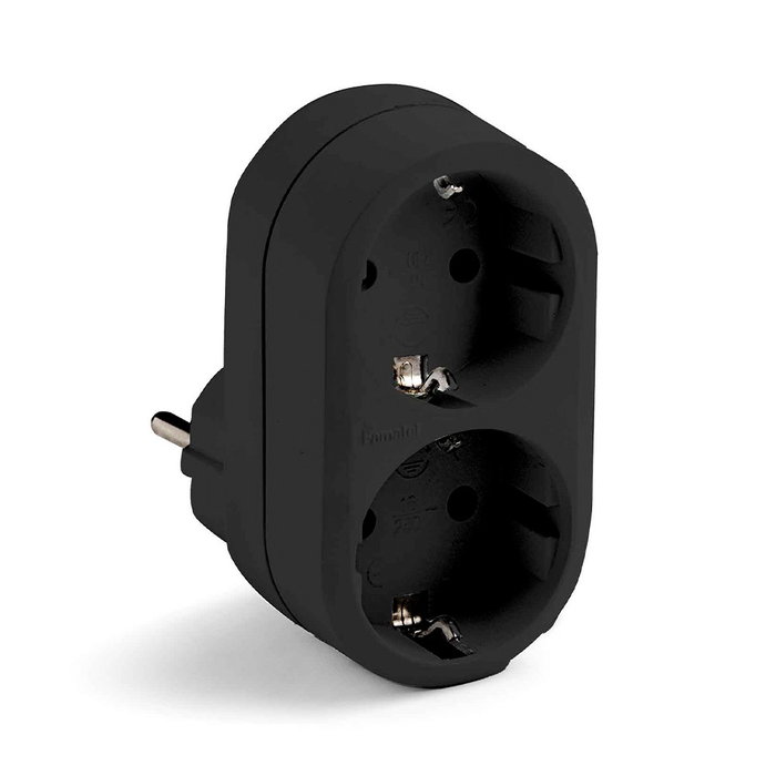 Famatel Adaptador Doble Schuko 2P+T 16A 250V con Entrada Frontal, Negro, Blister Famatel Adaptador Doble Schuko 2P+T 16A 250V con Entrada Frontal, Negro, Blister