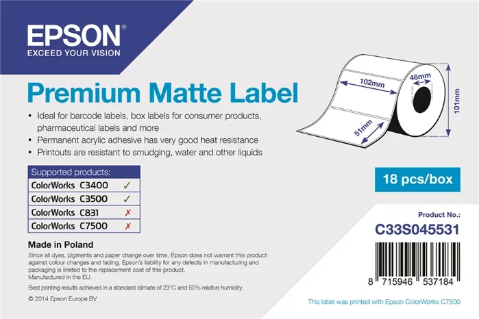 Epson Premium Matte Label - Die-cut Roll 102 x 51mm, 650 Etiquetas Epson Premium Matte Label - Die-cut Roll 102 x 51mm, 650 Etiquetas