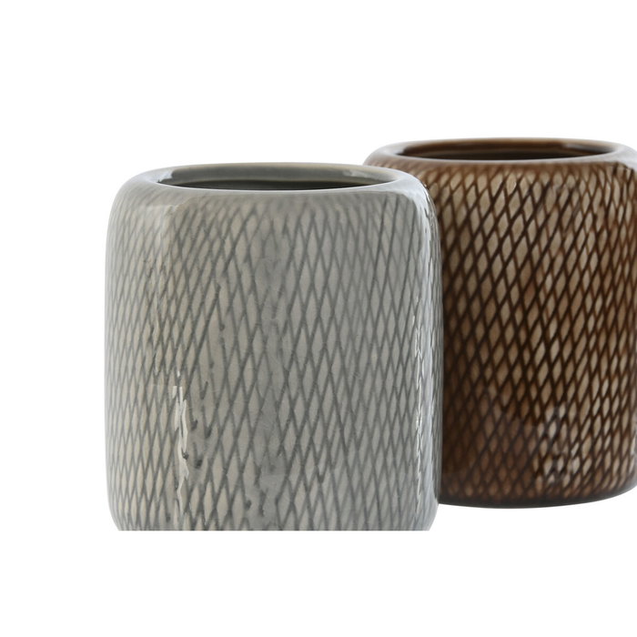 DKD Home Decor Juego de 2 Vasos de Gres Gris y Marrón 8,5x8,5x10 cm