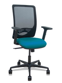Silla de oficina Zulema con mecanismo Sincro tapizada con Tela color Verde petróleo y malla color Negro. Equipada con lumbar 1D, Brazos 2D y Ruedas 65mm nailon