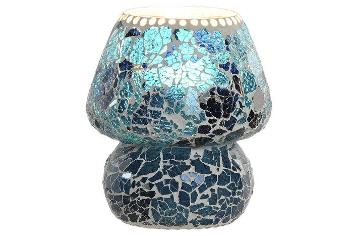 DKD Home Decor Lámpara Sobremesa Indio Mosaic Verano Craquelado Azul Cristal 13x17x13 cm