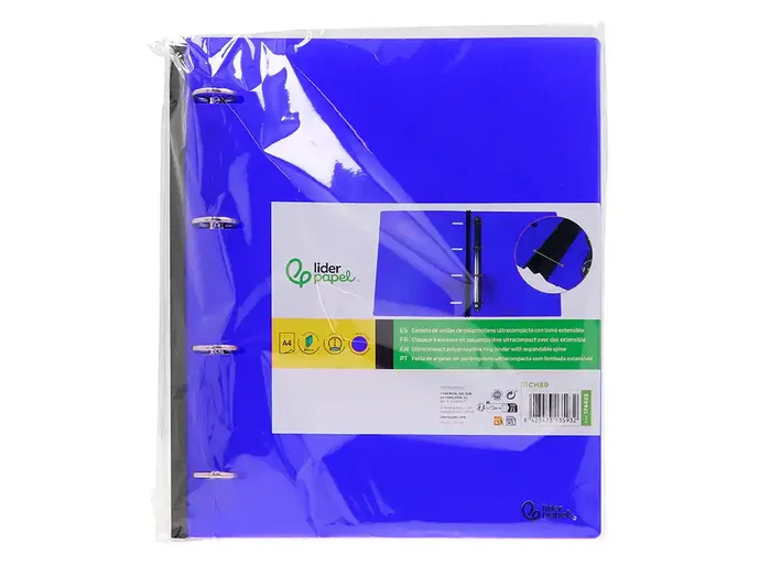 Liderpapel Carpeta de 4 anillas redondas de 25 mm azul con lomo extensible Liderpapel Carpeta de 4 anillas redondas de 25 mm azul con lomo extensible