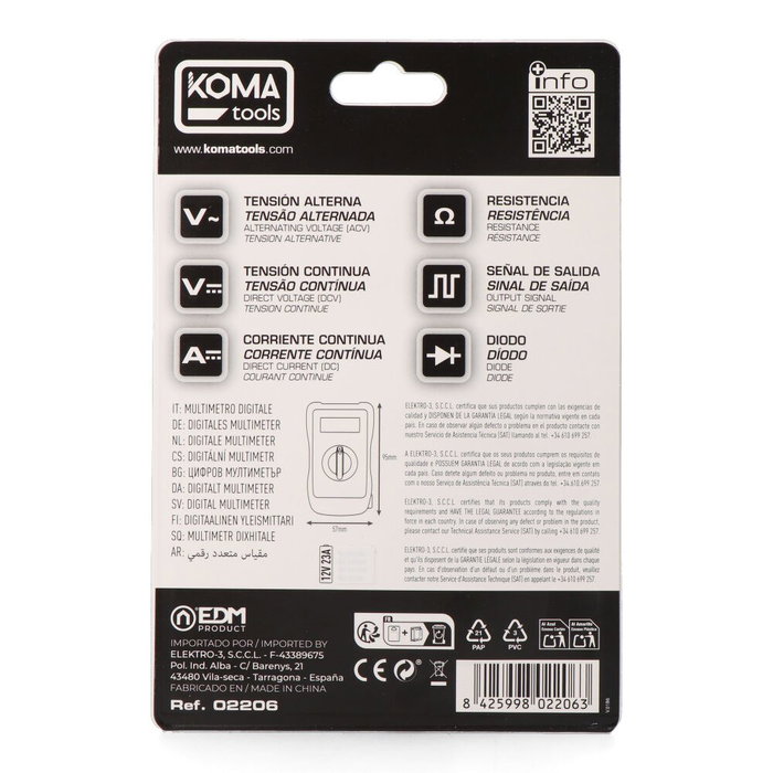 Koma Tools Multímetro Digital de Bolsillo LCD 3 ½ Dígitos 300 V CAT III - Corriente Continua y Alterna, 57 x 27 x 95 mm Koma Tools Multímetro Digital de Bolsillo LCD 3 ½ Dígitos 300 V CAT III - Corriente Continua y Alterna, 57 x 27 x 95 mm