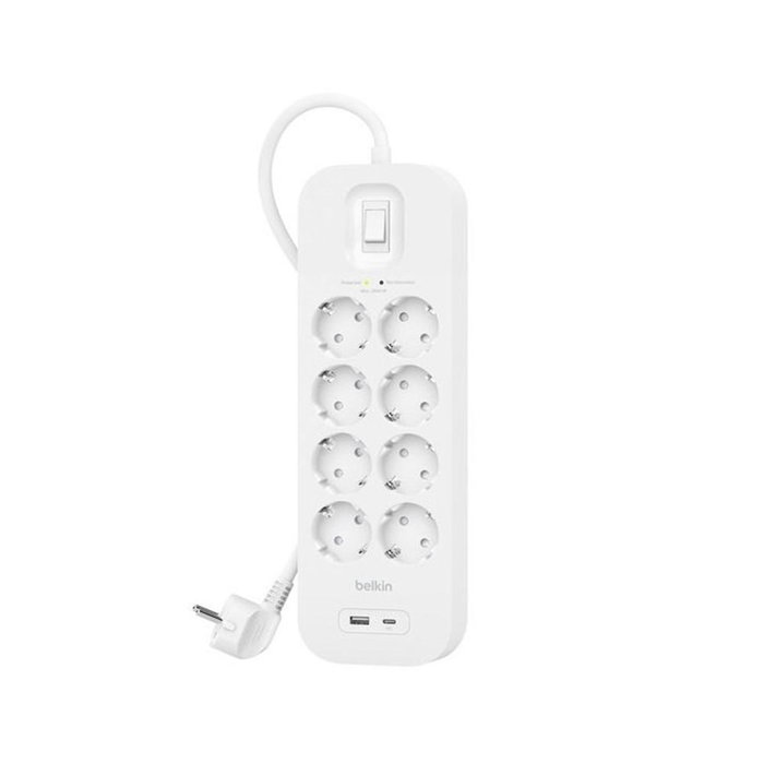 Belkin - Regleta Protectora de Sobretensiones, 8 Tomas CA + 2 Puertos USB-C PD, Protección 900 Julios, Cable de 2 Metros, Blanco, con Interruptor Belkin - Regleta Protectora de Sobretensiones, 8 Tomas CA + 2 Puertos USB-C PD, Protección 900 Julios, Cable de 2 Metros, Blanco, con Interruptor