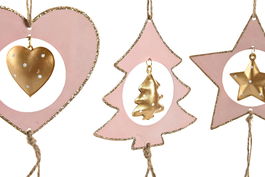 DKD Home Decor Decoracion Colgante Navidad Fantasia Rosa Palo Dorado 32 x 11 cm (12 Unidades)