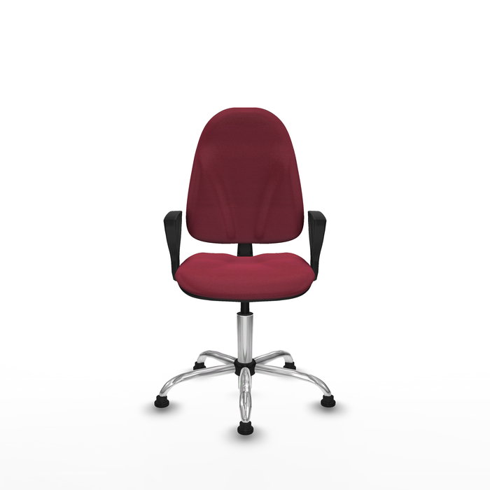 Silla de oficina Algarra con mecanismo Contacto permanente básico tapizada con Tela color Granate. Equipada con Base cromada, Brazos fijosy Topes