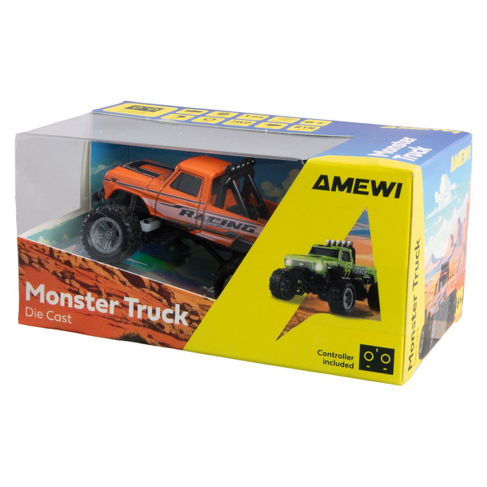 AMEWI RC Monstertruck Die-Cast 1:64 22705 RTR Naranja, con Motor Eléctrico y Luces, Radio Control 2.4 GHz para Niños de 6+ Años