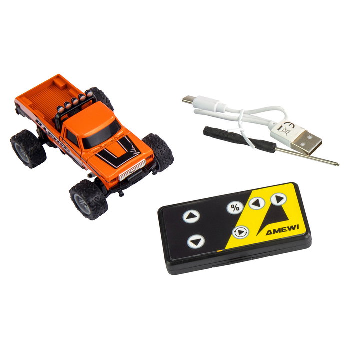 AMEWI RC Monstertruck Die-Cast 1:64 22705 RTR Naranja, con Motor Eléctrico y Luces, Radio Control 2.4 GHz para Niños de 6+ Años