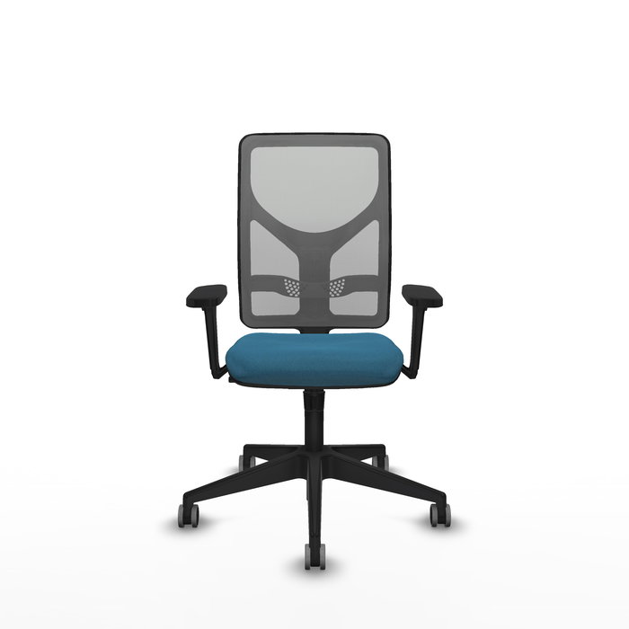 Silla de oficina Motilla con mecanismo Sincro tapizada con Tela color Verde petróleo y malla color Gris. Equipada con lumbar 1D, Brazos 3D y Ruedas 65 mm parqué
