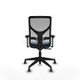 Silla de oficina Motilla con mecanismo Sincro tapizada con Tela color Verde petróleo y malla color Gris. Equipada con lumbar 1D, Brazos 3D y Ruedas 65 mm parqué
