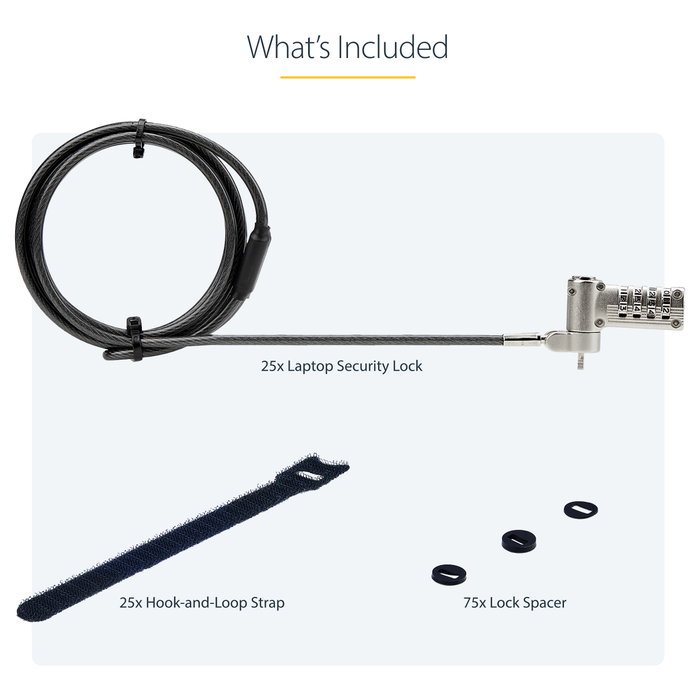 StarTech Candado de Seguridad con Cable para Portátil 25-Pack - Compatible con Kensington/Nano/Noble Wedge - Cerradura Combinación - Cable 2 m - Negro/Plata