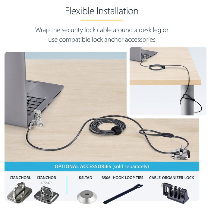 StarTech Candado de Seguridad con Cable para Portátil 25-Pack - Compatible con Kensington/Nano/Noble Wedge - Cerradura Combinación - Cable 2 m - Negro/Plata