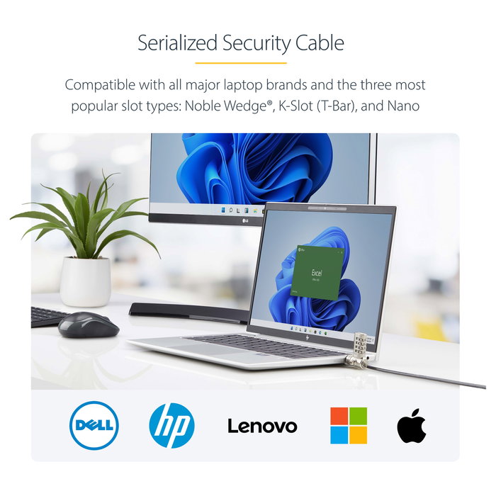StarTech Candado de Seguridad con Cable para Portátil 25-Pack - Compatible con Kensington/Nano/Noble Wedge - Cerradura Combinación - Cable 2 m - Negro/Plata