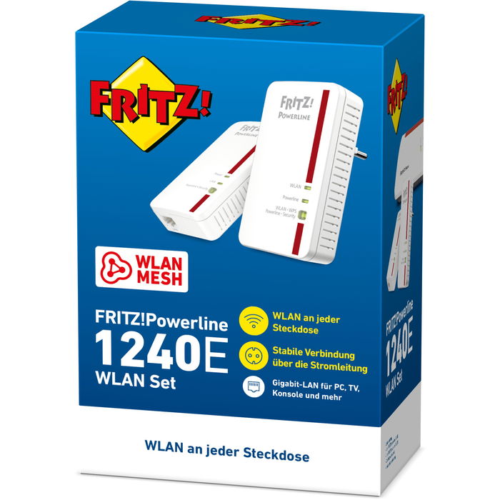 AVM Powerline 1240E Kit WLAN, Adaptador PLC WiFi de 1200 Mbps, Estándar HomePlug AV2, 1 Puerto Gigabit, Blanco - Set de 2 Unidades