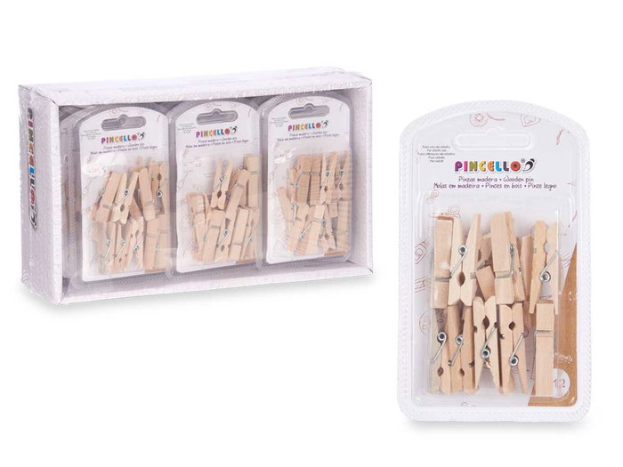 Pincello Set 12 Pinzas Madera Natural 7.7 x 12.4 x 2 cm Color Madera (Set de 24)
