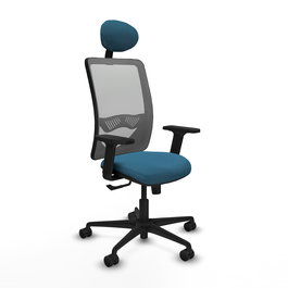 Silla de oficina Zulema con mecanismo Sincro tapizada con Tela color Verde petróleo y malla color Gris. Equipada con lumbar 1D, Brazos 2D, Cabecero Fijo y Ruedas 65mm nailon