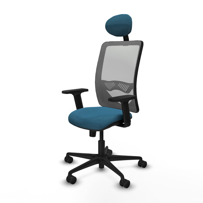 Silla de oficina Zulema con mecanismo Sincro tapizada con Tela color Verde petróleo y malla color Gris. Equipada con lumbar 1D, Brazos 2D, Cabecero Fijo y Ruedas 65mm nailon