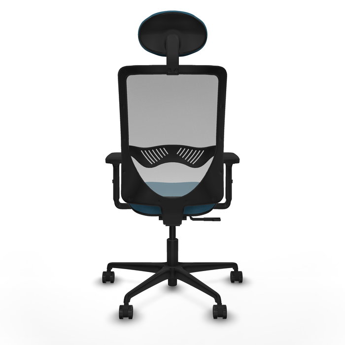 Silla de oficina Zulema con mecanismo Sincro tapizada con Tela color Verde petróleo y malla color Gris. Equipada con lumbar 1D, Brazos 2D, Cabecero Fijo y Ruedas 65mm nailon