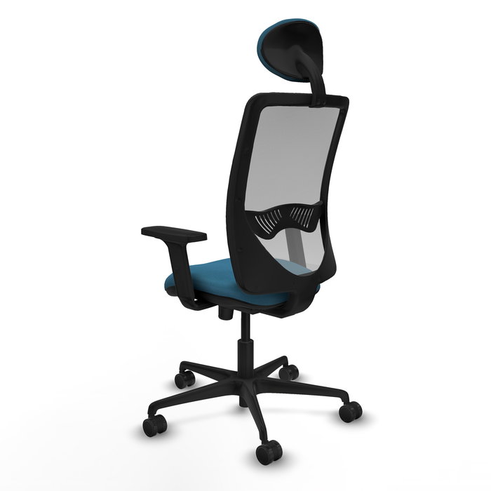 Silla de oficina Zulema con mecanismo Sincro tapizada con Tela color Verde petróleo y malla color Gris. Equipada con lumbar 1D, Brazos 2D, Cabecero Fijo y Ruedas 65mm nailon