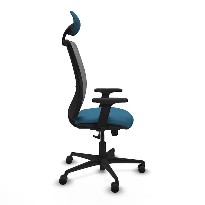 Silla de oficina Zulema con mecanismo Sincro tapizada con Tela color Verde petróleo y malla color Gris. Equipada con lumbar 1D, Brazos 2D, Cabecero Fijo y Ruedas 65mm nailon