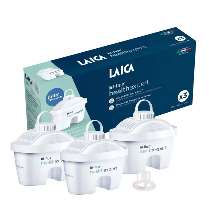 Laica Filtros bi-flux HealthExpert para jarra, añade magnesio, reduce PFAS 92%, microplásticos, cloro, cal y metales, compatible con Brita, 3 unidades Laica Filtros bi-flux HealthExpert para jarra, añade magnesio, reduce PFAS 92%, microplásticos, cloro, cal y metales, compatible con Brita, 3 unidades