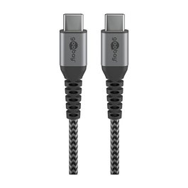 Goobay 49303 Cable USB-C a USB-C 2m, USB 2.0 480 Mbps, Carga 3A, Conectores de Metal Gris/Plata