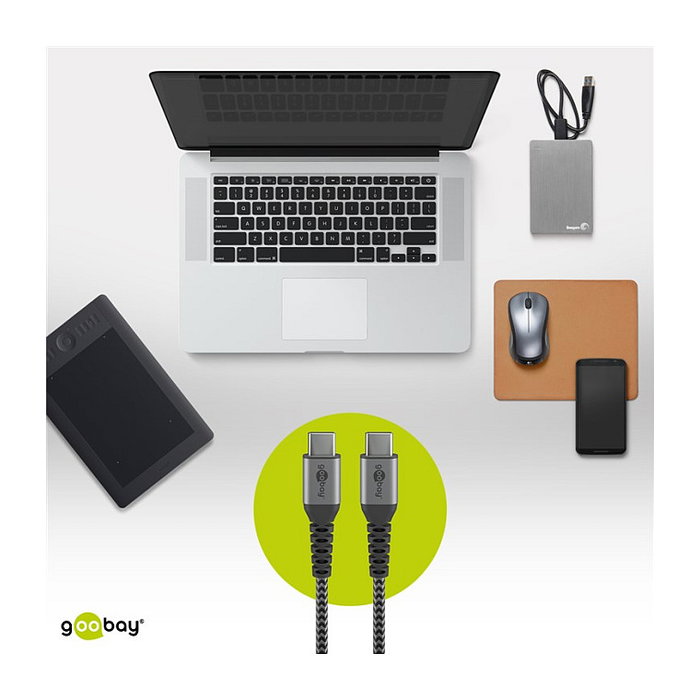 Goobay 49303 Cable USB-C a USB-C 2m, USB 2.0 480 Mbps, Carga 3A, Conectores de Metal Gris/Plata