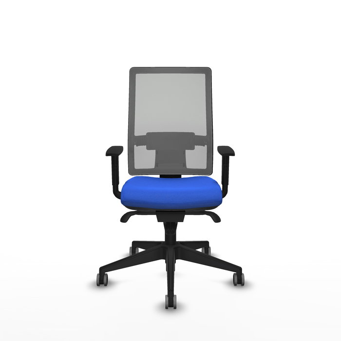 Silla de oficina Horna con mecanismo Sincro tapizada con Tela color Azul y malla color Gris. Equipada con lumbar 1D, Brazos 1D y Ruedas 65 mm parqué