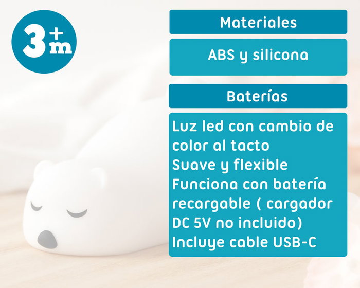 KioKids Luz Quitamiedos Recargable Oso Polar, Lámpara Táctil Infantil con 25h Autonomía, Luz Nocturna Suave para Bebés y Niños, Silicona Premium Blanca