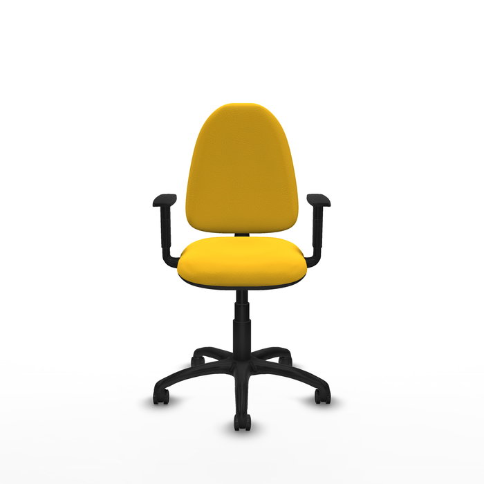 Silla de oficina Aýna con mecanismo Contacto permanente básico tapizada con Similpiel color Amarillo. Equipada con Base poliamida negra, Brazos 1D y Ruedas de parqué