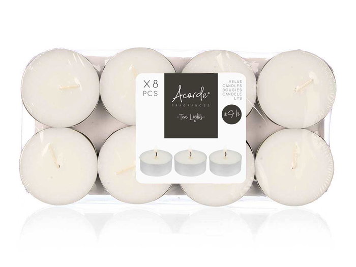 Acorde Set 8 Velas Tea Light Maxi 9 Horas Cera Blanca 23 x 11.5 x 2 cm (Set de 24)