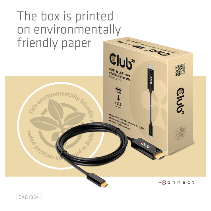 Club 3D CAC-1334 Cable HDMI a USB-C Activo 4K 60Hz, 1.8 Metros, Negro