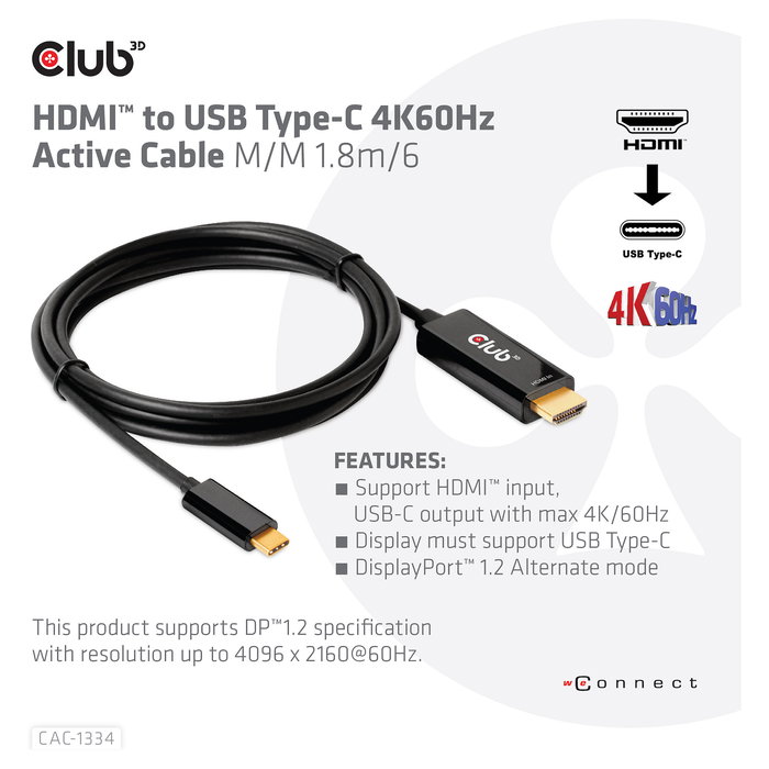 Club 3D CAC-1334 Cable HDMI a USB-C Activo 4K 60Hz, 1.8 Metros, Negro
