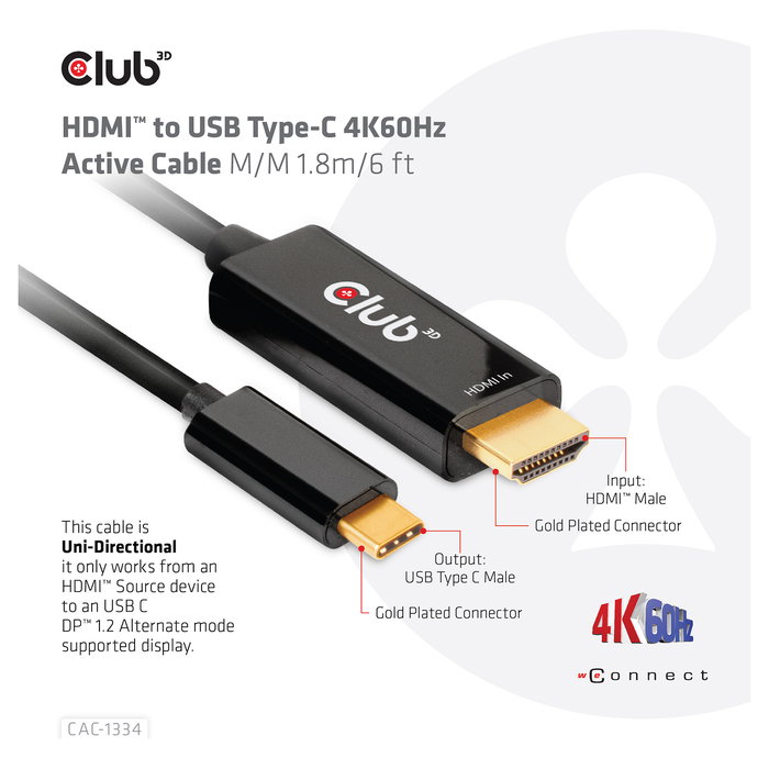 Club 3D CAC-1334 Cable HDMI a USB-C Activo 4K 60Hz, 1.8 Metros, Negro
