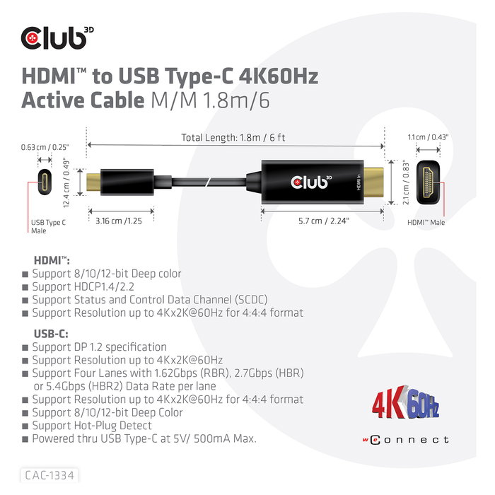 Club 3D CAC-1334 Cable HDMI a USB-C Activo 4K 60Hz, 1.8 Metros, Negro