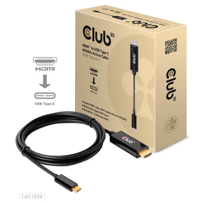 Club 3D CAC-1334 Cable HDMI a USB-C Activo 4K 60Hz, 1.8 Metros, Negro