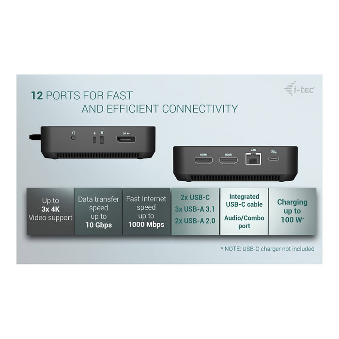 I-TEC USB-C Docking Station Dual HDMI, DisplayPort, GLAN, 3x USB-A, 2x USB 2.0, Audio, 100W PD I-TEC USB-C Docking Station Dual HDMI, DisplayPort, GLAN, 3x USB-A, 2x USB 2.0, Audio, 100W PD