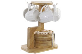 DKD Home Decor Set de 6 Tazas de Porcelana y Bambú Blanco 18 x 18 x 22 cm Aptas para Horno y Microondas
