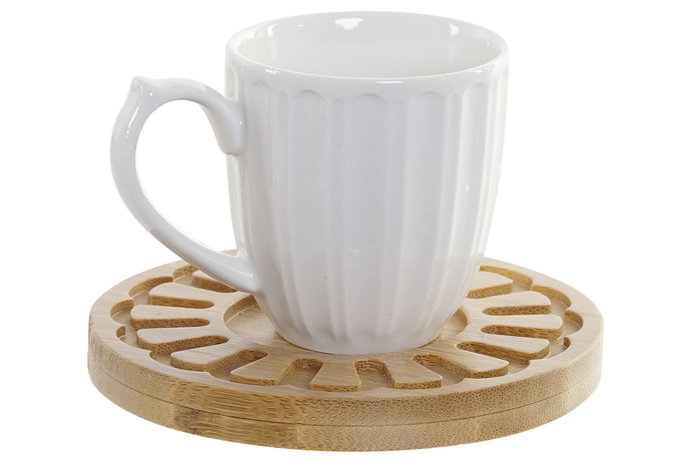 DKD Home Decor Set de 6 Tazas de Porcelana y Bambú Blanco 18 x 18 x 22 cm Aptas para Horno y Microondas DKD Home Decor Set de 6 Tazas de Porcelana y Bambú Blanco 18 x 18 x 22 cm Aptas para Horno y Microondas