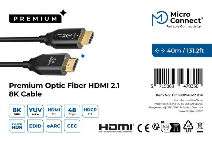MicroConnect Cable HDMI Fibra Óptica Premium 40m 8K 48Gbps Compatible HDMI 2.1