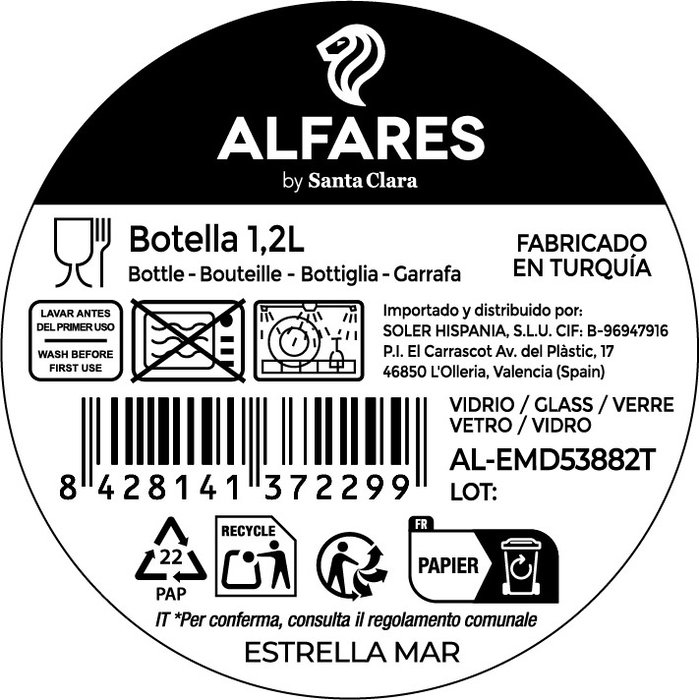 Alfares Botella de 1.2L con Tapa ESTR.MAR