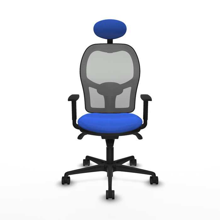 Silla de oficina Jorquera con mecanismo Sincro tapizada con Tela color Azul y malla color Gris. Equipada con lumbar 1D, Brazos 1D, Cabecero Fijo y Ruedas 65mm nailon